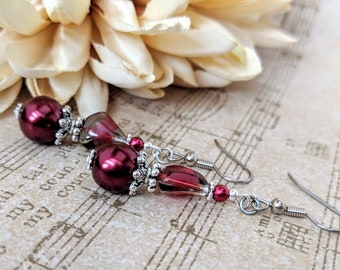 Sterling Silver Garnet Red Earrings Dangle, Wedding Jewelry for Brides Pearl, Victorian Earrings for Bride, Artisan Earrings Handmade Gift