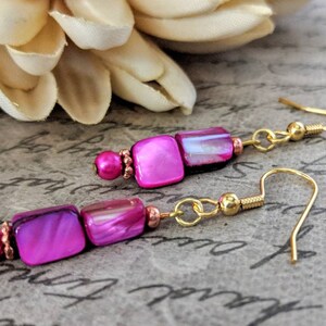 Pink Earrings, Mother of Pearl Jewelry Handmade, Boho Dangle Earrings, Birthday Gift for Daughter, Magenta Earrings, Valentines Day Gift for image 4