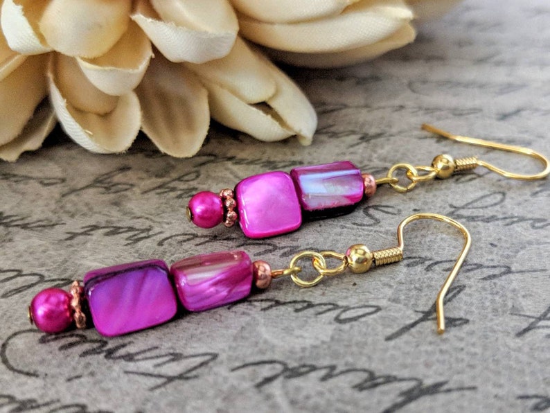 Pink Earrings, Mother of Pearl Jewelry Handmade, Boho Dangle Earrings, Birthday Gift for Daughter, Magenta Earrings, Valentines Day Gift for image 4