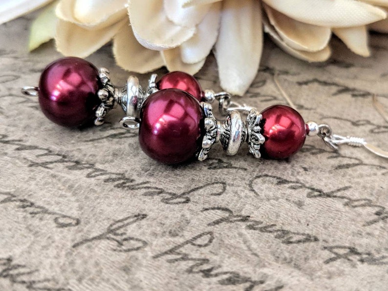 Ruby Red Pearl Earrings Bridesmaids Gift, Fall Wedding Jewelry Sterling Silver, Clip On Earrings Dangle, Boho Bridal Earrings Autumn Jewelry image 3