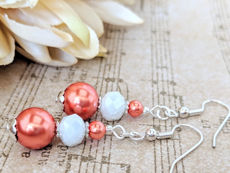 Bridesmaids Jewelry Gift for Her Spring Wedding Jewelry Artisan Coral Pearl Earrings Boho Dangle Earrings Handmade Jewelry Gift for Women