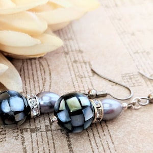 Sterling Silver Pearl Teardrop Earrings Dangle, Mother of Pearl Earrings Organic Jewelry, Hypoallergenic, Mosaic Earrings Black, Artisan image 4