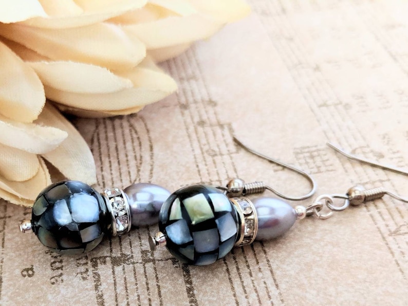 Sterling Silver Pearl Teardrop Earrings Dangle, Mother of Pearl Earrings Organic Jewelry, Hypoallergenic, Mosaic Earrings Black, Artisan image 4