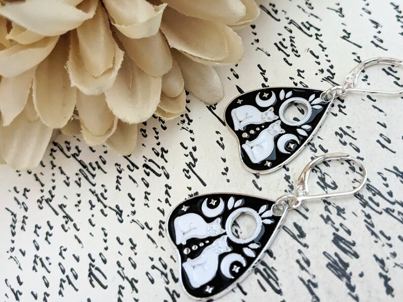 Sterling Silver Ouija Board Earrings, Planchette Earrings, Black Cat Moon Earrings Dangle, Lunar Gift for Her, Whimsigoth Gifts for Sister image 7