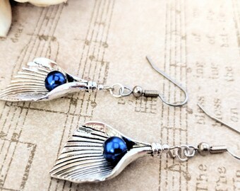 Sterling Silver Calla Lily Earrings, Wedding Jewelry for Brides Pearl, Sapphire Blue Pearl Earrings Handmade CottageCore, Nonpierced Earring