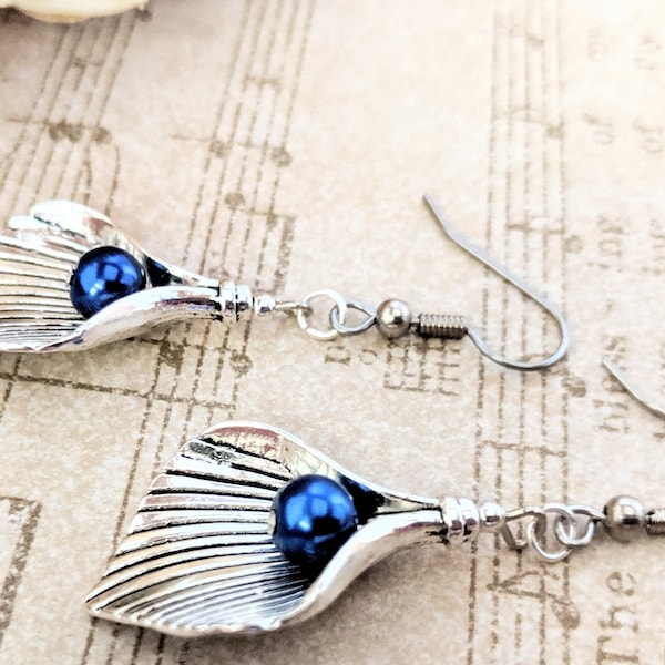 Sterling Silver Calla Lily Earrings, Wedding Jewelry for Brides Pearl, Sapphire Blue Pearl Earrings Handmade CottageCore, Nonpierced Earring