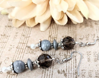 Mothers Day Gift for Mom, Sterling Silver Smoky Quartz Earrings Nonpierced, Hematite Earrings Lever Back Nickel Free Jewelry, Gift for Wife