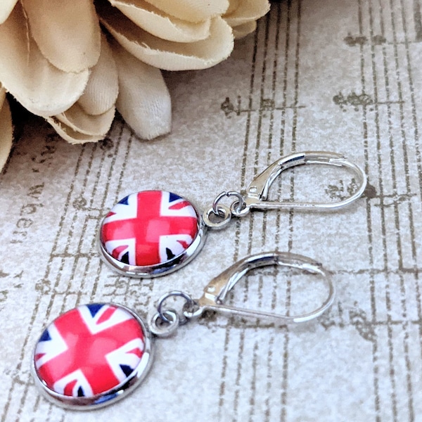 Boucles d'oreilles en argent sterling avec drapeau britannique, Boucles d'oreilles Union Jack, Bijoux Londres, Cadeaux anglophiles, Boucles d'oreilles Platinum Jubilee UK, Sans nickel