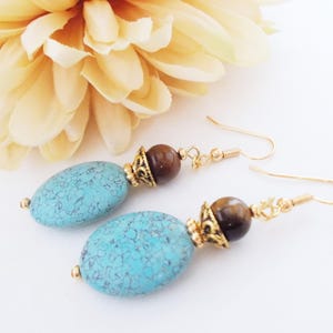 Turquoise Earrings Gold, Boho Dangle Earrings Handmade, Organic Earrings, Chunky Earrings Bohemian, Birthday Gift for Her, Statement Jewelry image 6