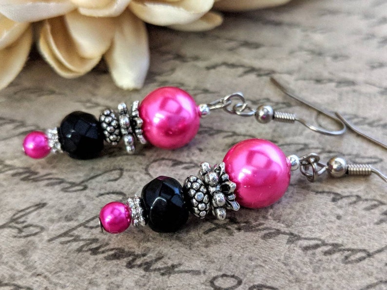 Sterling Silver Hot Pink Earrings Dangle, Hypoallergenic, Pearl Earrings Bridesmaids Gift for Her, Fuchsia Earrings, Barbiecore Jewelry image 2