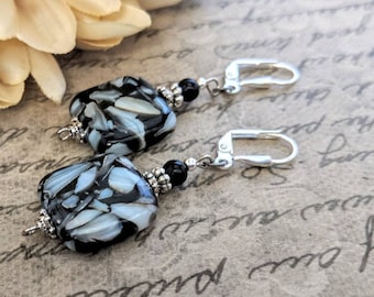 Sterling Silver Mother of Pearl Earrings Dangle, Black and White Earrings Ecofriendly, Hypoallergenic, Beach Lover Gift for Wife Anniversary