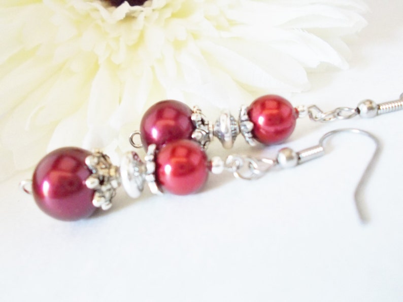 Ruby Red Pearl Earrings Bridesmaids Gift, Fall Wedding Jewelry Sterling Silver, Clip On Earrings Dangle, Boho Bridal Earrings Autumn Jewelry image 5