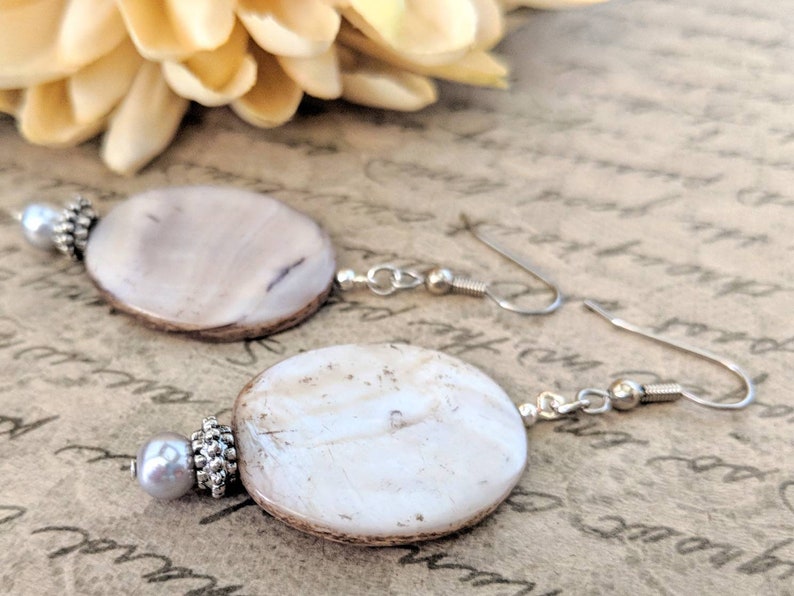 Sterling Silver Mother of Pearl Earrings Dangle, Hypoallergenic, Boho Earrings Handmade, Mothers Day Gift for Mom, Wedding Jewelry for Bride image 6