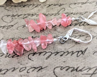 Sterlingzilver roze kwarts sieraden, ruwe kwarts oorbellen bungelen, metafysische cadeaus voor haar, bescherming sieraden, nikkelvrije oorbellen, clip