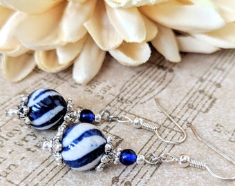 Sterling Silver Navy and White Earrings Dangle Delft Jewelry Globetrotter Gift for Her, Dutch Earrings Holland Gift for Mom, Vintage Ceramic