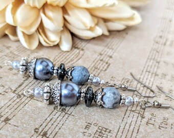 Sterling Silver Pearl Earrings Dangle, Gray Earrings Pewter, Hypoallergenic, Boho Chic Jewelry for Women, Metaphysical Shops Gift for Sister