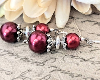 Ruby Red Pearl Earrings Bridesmaids Gift, Fall Wedding Jewelry Sterling Silver, Clip On Earrings Dangle, Boho Bridal Earrings Autumn Jewelry