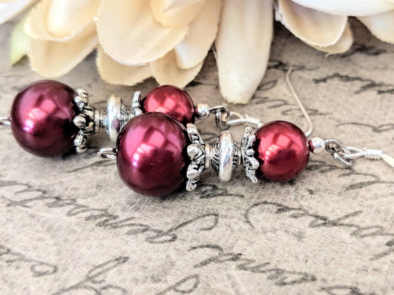 Ruby Red Pearl Earrings Bridesmaids Gift, Fall Wedding Jewelry Sterling Silver, Clip On Earrings Dangle, Boho Bridal Earrings Autumn Jewelry image 1