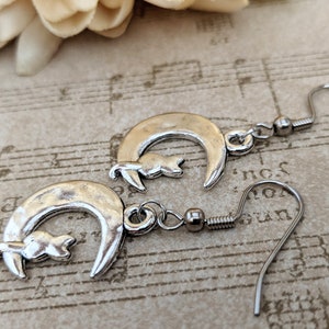 Sterling Silver Cat on the Moon Earrings Dangle, Celestial Jewelry Witchy Gifts for Women, Birthday Gifts for Cat Lovers, Vet Gift for Her image 2