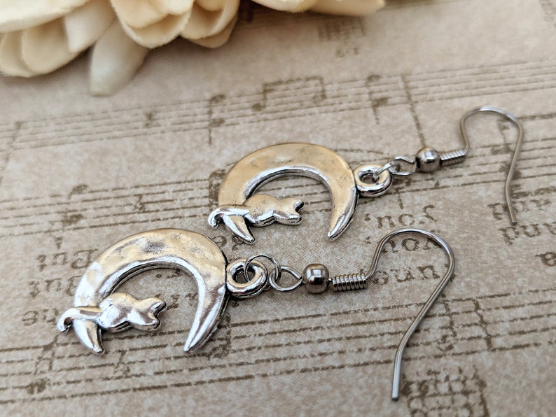 Sterling Silver Cat on the Moon Earrings Dangle, Celestial Jewelry Witchy Gifts for Women, Birthday Gifts for Cat Lovers, Vet Gift for Her image 2