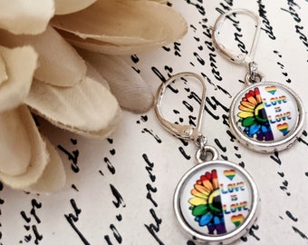 Sterling Silver LGBTQ Earrings, Love is Love Earrings, Gay Pride Earrings Gift for Daughter, Flower Child Earrings, Lesbian Earrings Gifts