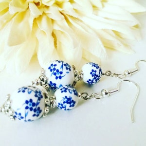 Sterling Silver Delft Blue Earrings Dangle, Cottagecore Jewelry, Mom Birthday Gift from Daughter, Dutch Ceramic Blue Floral Earrings, Nickel image 2