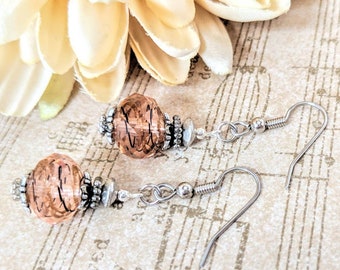 Sterling Silver Beige Earrings Dangle, Lampwork Bead Earrings, Hypoallergenic, Stocking Stuffers for Women, Artisan Earrings Unique Design