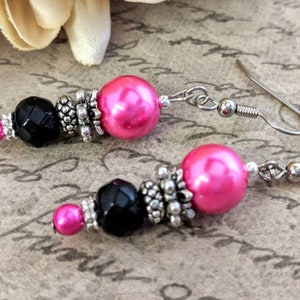Sterling Silver Hot Pink Earrings Dangle, Hypoallergenic, Pearl Earrings Bridesmaids Gift for Her, Fuchsia Earrings, Barbiecore Jewelry image 1