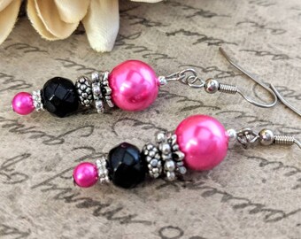 Sterling Silver Hot Pink Earrings Dangle, Hypoallergenic, Pearl Earrings, Stocking Stuffers for Women, Fuchsia Earrings, Barbiecore Jewelry