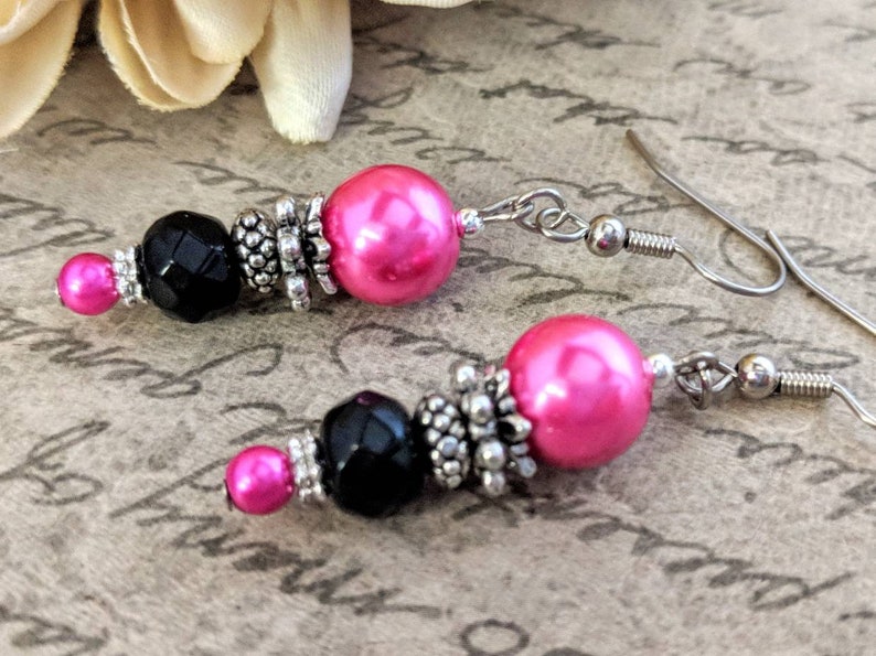 Sterling Silver Hot Pink Earrings Dangle, Hypoallergenic, Pearl Earrings Bridesmaids Gift for Her, Fuchsia Earrings, Barbiecore Jewelry image 1