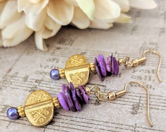 Lavender Earrings Gold, Boho Earrings Dangle Clip On, Mother of Pearl Jewelry Ecofriendly Earrings, Valentines Day Gift for Wife, Artisan