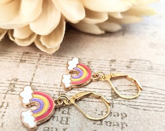 Rainbow Earrings Gold, Kawaii Earrings Clip On Earrings for Girls, Whimsical Earrings for Teacher, LGBTQ Gifts for Girlfriend, Wife Gift for