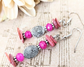 Sterling Silver Mother of Pearl Earrings, Hypoallergenic, Boho Earrings Rustic, Magenta Earrings, Metaphysical Shops, Christmas Gift for Mom