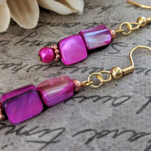 Pink Earrings, Mother of Pearl Jewelry Handmade, Boho Dangle Earrings, Birthday Gift for Daughter, Magenta Earrings, Valentines Day Gift for image 2