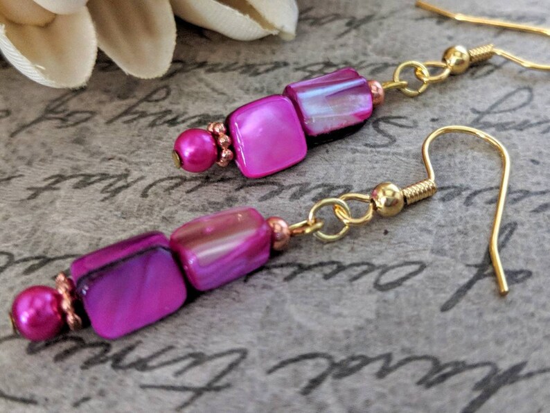 Pink Earrings, Mother of Pearl Jewelry Handmade, Boho Dangle Earrings, Birthday Gift for Daughter, Magenta Earrings, Valentines Day Gift for image 2