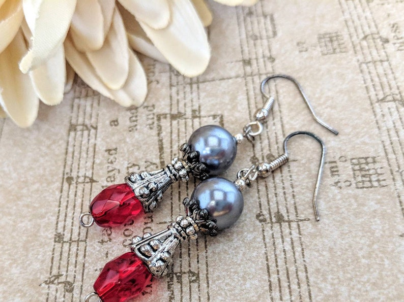 Sterling Silver Red Earrings Dangle, June Birthstone Jewelry Gift for Wife, Valentines Day Gift for Women, Pewter Earrings, Artisan Jewelry image 3