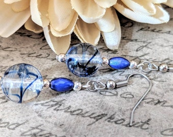 Sterling Silver Sapphire Earrings Dangle, Navy Blue Earrings Glass Drop, Dark Blue Beaded Earrings, Mothers Day Gift for Mom, Best Selling