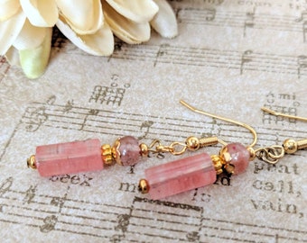 Roze kwarts oorbellen goud, stoffige roos bruidsmeisje cadeau, stressverlichting sieraden, metafysische winkels, hypoallergene oorbellen bengelen, hart