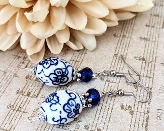 Sterling Silver Delft Blue Earrings, Navy Earrings Nonpierced, Ceramic Earrings Handmade Jewelry, Birthday Gift for Wife, Dutch Earrings