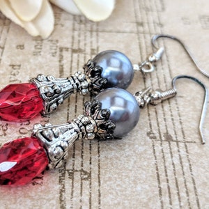 Sterling Silver Red Earrings Dangle, June Birthstone Jewelry Gift for Wife, Valentines Day Gift for Women, Pewter Earrings, Artisan Jewelry image 4