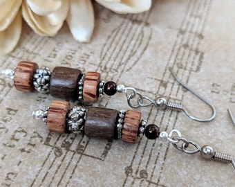 Sterling Silver Wood Earrings Dangle, Boho Chic Earrings Organic, Mothers Day Gift for Mom, Hypoallergenic, Artisan Jewelry Unique Design