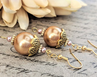 Gold Pearl Earrings Drop, Hypoallergenic, Wedding Jewelry for Brides Pearl, Victorian Earrings Bridal Jewelry Gift for Wife, Artisan Jewelry