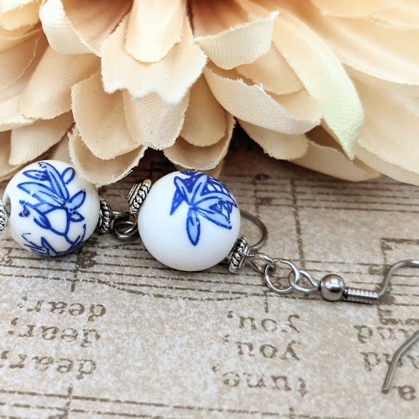 Sterling Silver Delft Blue Earrings, Ceramic Earrings Dangle, Chinoiserie Jewelry, Travel Gift for Mom, Handmade Jewelry Sustainable,Artisan