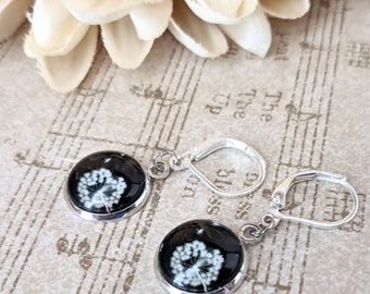 Black and White Earrings, Dandelion Earrings, Herbarium Jewelry Dark Academia, CottageCore Jewelry for Women, College Student Gift for Her