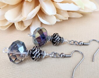 Sterling Silver Crystal Earrings Dangle, Hypoallergenic, Pewter Earrings, Artisan Earrings Unique Design, Charcoal Grey Earrings, Wedding