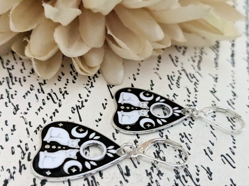 Sterling Silver Ouija Board Earrings, Planchette Earrings, Black Cat Moon Earrings Dangle, Lunar Gift for Her, Whimsigoth Gifts for Sister image 3