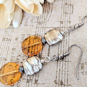 Sterling Silver Amber Earrings Dangle, Pewter Earrings, Honeycore, Hypoallergenic, Artisan Earrings Unique Design, Boho Chic Earrings Gold image 2