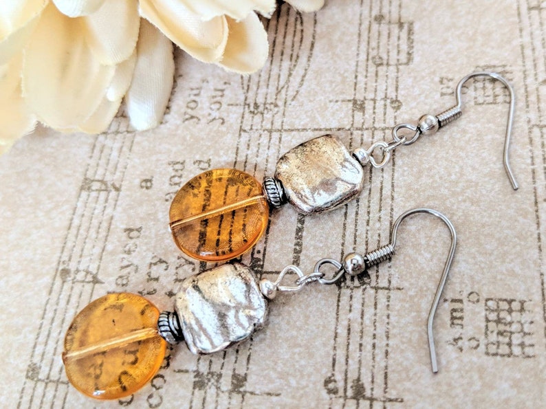 Sterling Silver Amber Earrings Dangle, Pewter Earrings, Honeycore, Hypoallergenic, Artisan Earrings Unique Design, Boho Chic Earrings Gold image 2