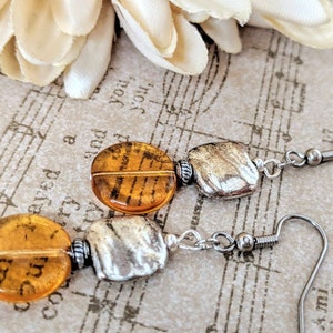 Sterling Silver Amber Earrings Dangle, Pewter Earrings, Honeycore, Hypoallergenic, Artisan Earrings Unique Design, Boho Chic Earrings Gold image 4