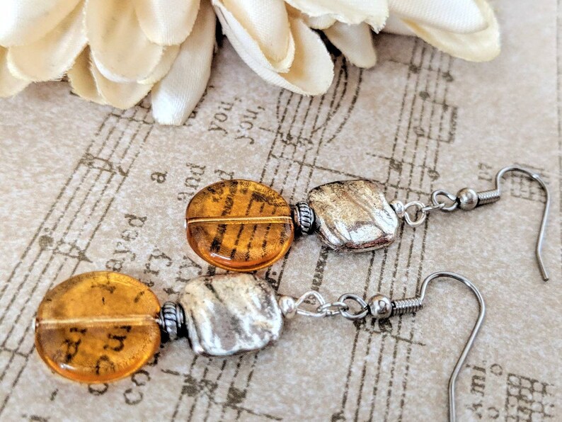 Sterling Silver Amber Earrings Dangle, Pewter Earrings, Honeycore, Hypoallergenic, Artisan Earrings Unique Design, Boho Chic Earrings Gold image 4